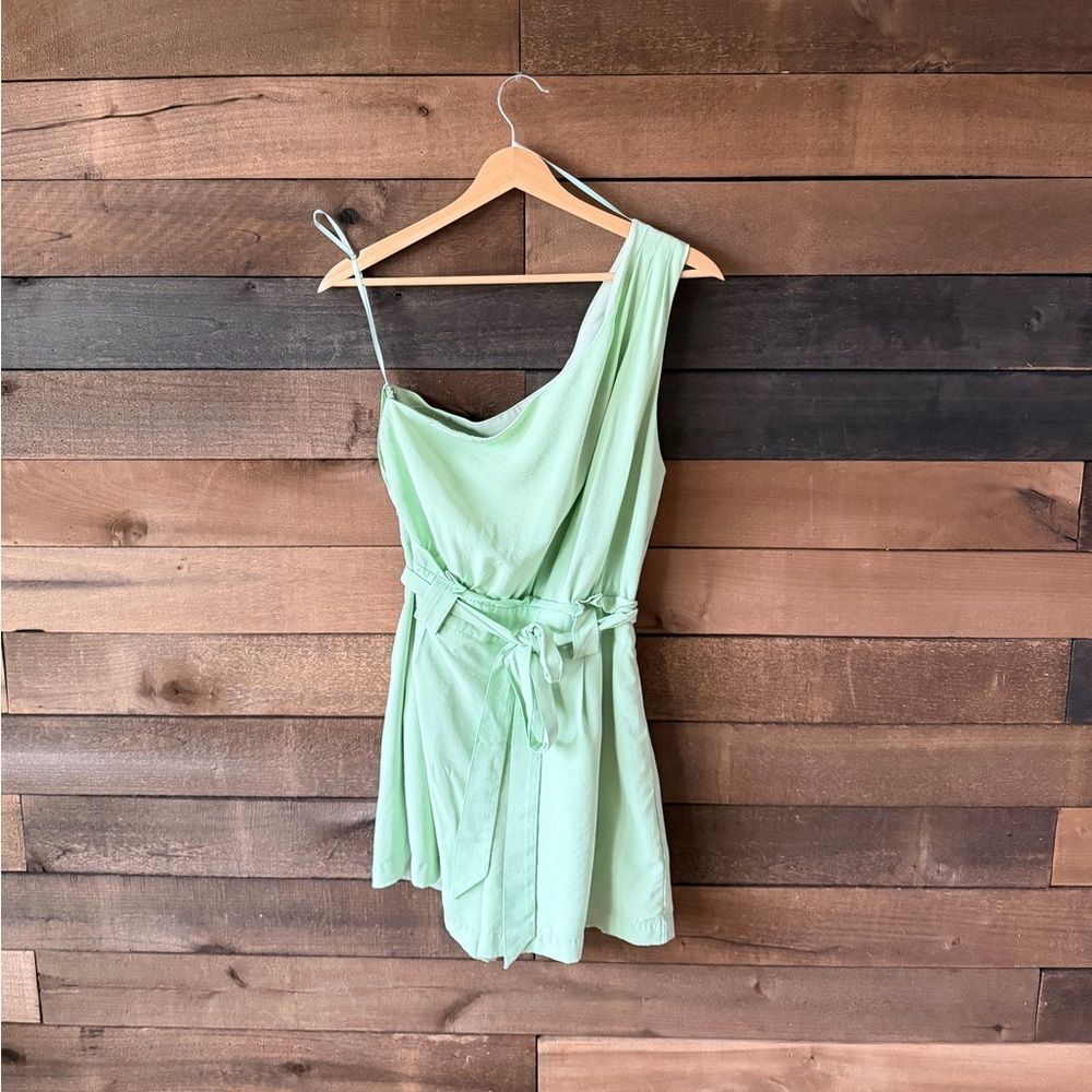 Mint Green One Shoulder Draped Belted Romper Asymmetrical Summer